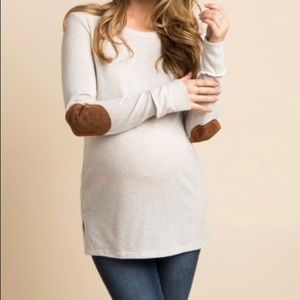 Beige Button Back Quilted Elbow Knit Maternity Top